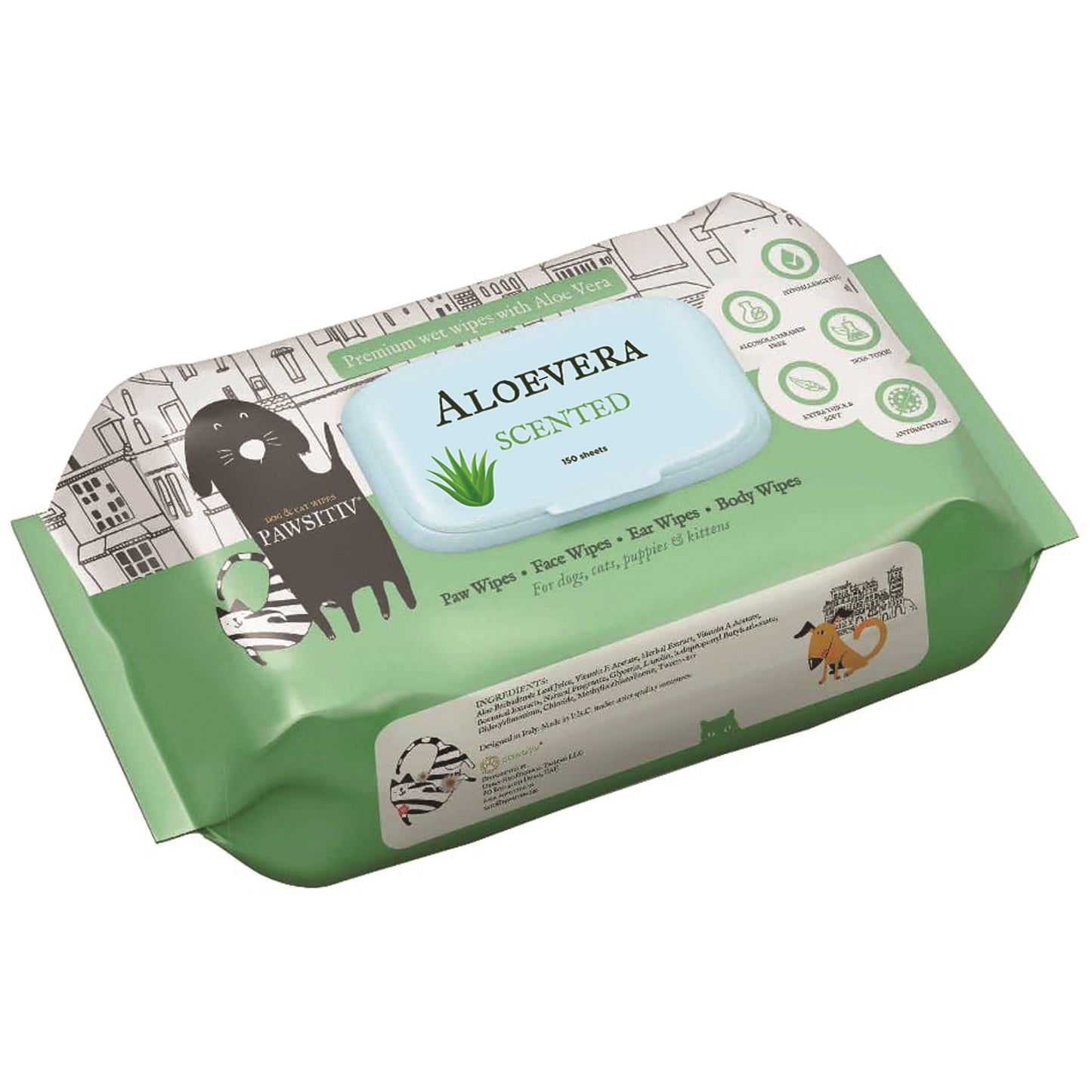 Pawsitiv Pet Wipes for Cats and Dogs - Aloe Vera Scented