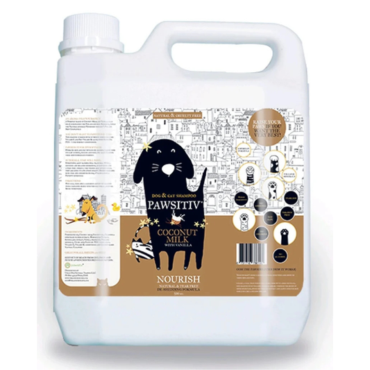 Pawsitiv Natural and Tearless Shampoo for Dogs & Cats - Coconut Milk with Vanilla - DeShedding Formula (NOURISH) - 1 Gallon (602003756597)